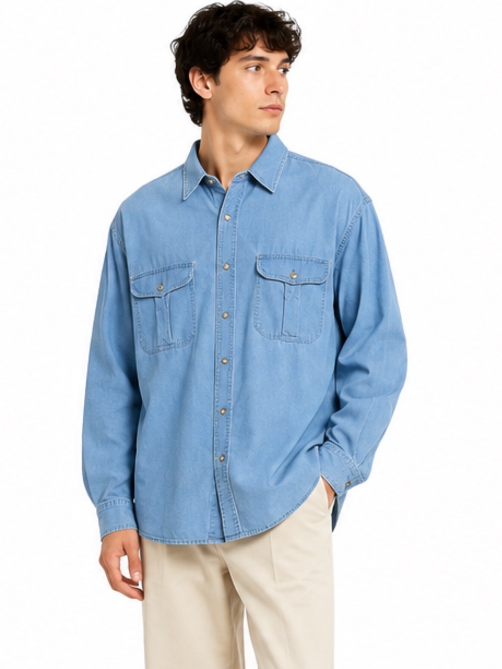 Vintage Eddie Bauer Safari Shirt Men’s L Blue Utility Button Up rufton twill